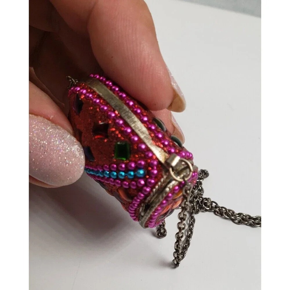 Vintage Tibetan Metal Cash Pill Stash Pouch Red Amulet Tincture Dangler 32" RARE - Picture 12 of 15